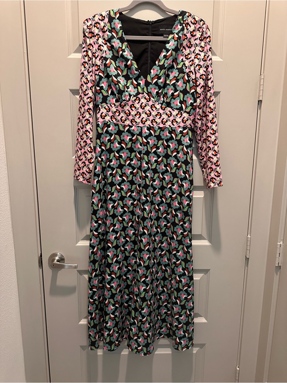 Donna Morgan Black Midi Dress with Pink and Mint Floral Print